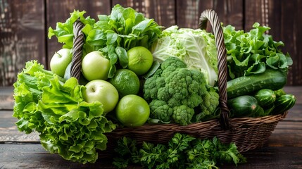 Assorted Fresh Green Produce in a Rustic Basket