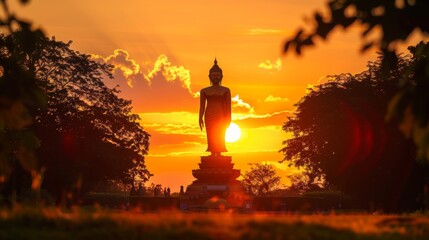 Stand big tall walk Buddha Statue in sun set Light background in park of thailand temple.Yellow orange light silhouette dark - obrazy, fototapety, plakaty