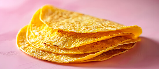 Tortilla, on a simple soft studio pink background, top view, lot of copy-space
