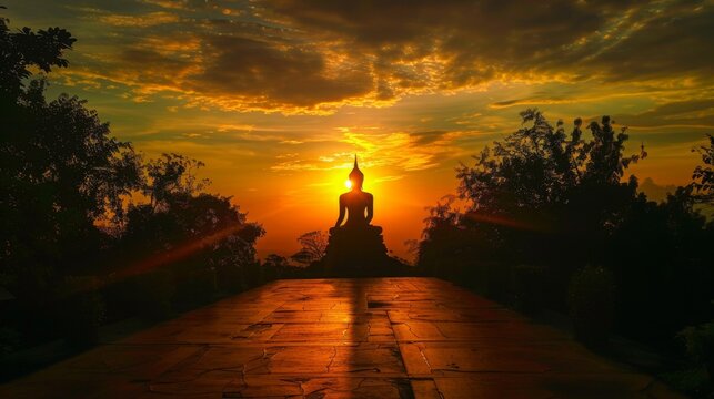Stand big Buddha Statue in silhouette sun set Light background in park of Thailand temple.Yellow orange light silhouette dark