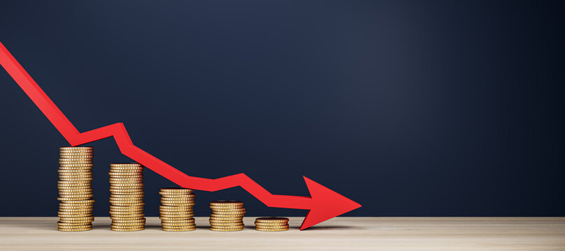 Stacked coins and a red arrow graph representing financial crisis on a dark blue background, concept of market crash. 3D Rendering