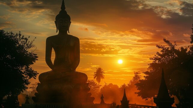 Stand big tall walk Buddha Statue in sun set Light background in park of thailand temple.Yellow orange light