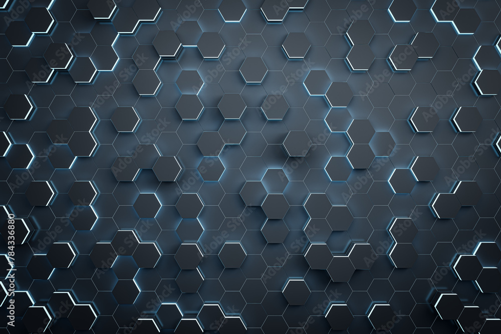 Aufkleber Creative dark hexagonal wall background. Landing page concept. 3D Rendering.