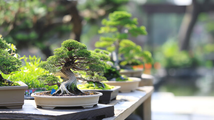 Photos of bonsai trees for sale, grown from different tree species. There are rows of plant seedlings in the nursery. Plant store, garden store, plant sales business.