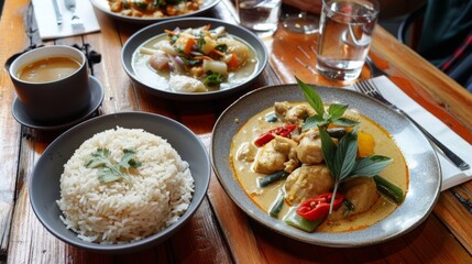 Thai food, green curry chicken with coconut curry on a wooden table.
