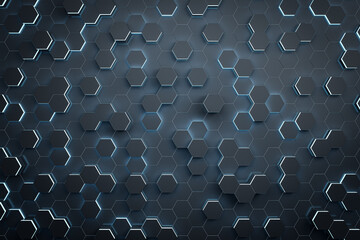 Creative dark hexagonal wall background. Landing page concept. 3D Rendering.
