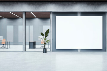 Modern office hallway interior with clean white mock up banner, concrete flooring, glass walls and mock up place. 3D Rendering.