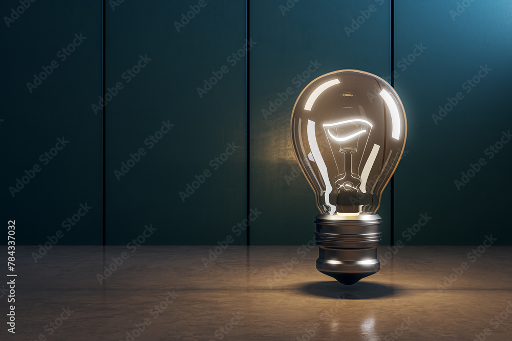 Aufkleber creative glowing light bulb in interior with mock up place on dark wall. idea, innovation and ad abs
