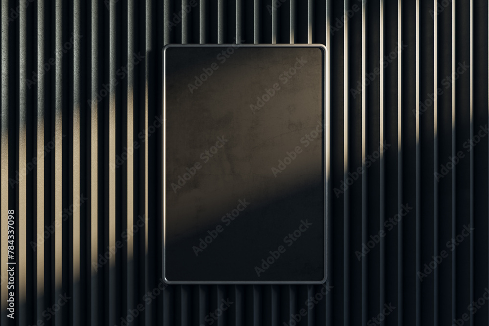 Poster Empty dark metal linear wall with clean black mock up banner. Gallery concept. 3D Rendering.