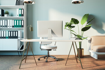 Modern office interior with computer on desk, chair, shelf with binders, houseplants, and a comfortable armchair, with a window for natural light. 3D Rendering - obrazy, fototapety, plakaty