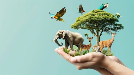 World Animal Day or Wildlife Day concept. Elephant, tiger, deer, parrot and green tree in human hand. Saving planet,