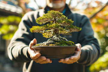 Man hands a bonsai tree in a pot to a buyer. Plant store or garden store, business selling plants.