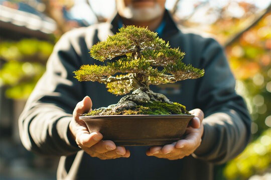 Man hands a bonsai tree in a pot to a buyer. Plant store or garden store, business selling plants. - Powered by Adobe