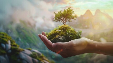 World environment day text with a hand and nature landscape creative concept image manipulation.