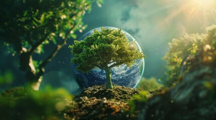 World environment day text with a full view of planet earth and nature landscape creative concept...