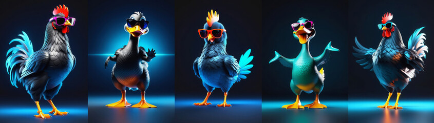 Anthropomorphic realistic hen, rooster and duck in sunglasses and fancy costumes dancing in neon lighting. Illustration on dark background, horizontal postcard orientation. Fantastic business concept