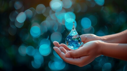 World water day concept . baby Hand and Mom hand Holding Earth in Water Drop shape on Blue Bokeh background.Copy Space on horizontal sheet.Clipping path.Elements of this image furnished by NASA