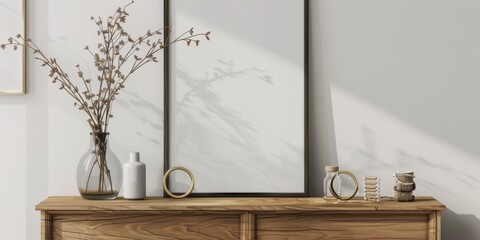 Mock up frame in home interior background, white room with natural wooden furniture, 3d render, 3d illustration 