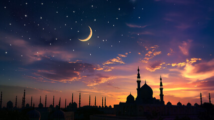 Silhouette mosques with moon on dusk sky twilight generative AI