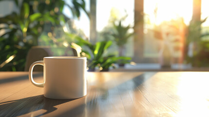 A white mug of hot coffee on nature blurred background
