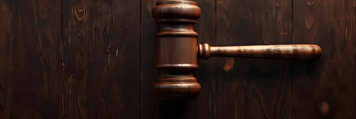  Wooden judge's hammer on wooden table and dark background, Judge's gavel on brown plank table law and justice concept  - obrazy, fototapety, plakaty