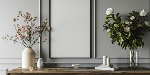Mock up frame in home interior background, white room with natural wooden furniture, 3d render, 3d illustration 
