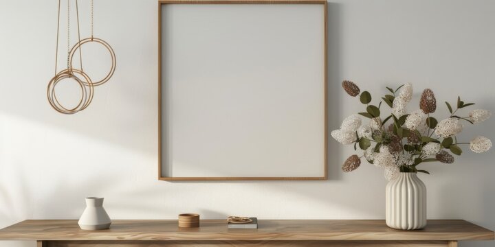 Mock up frame in home interior background, white room with natural wooden furniture, 3d render, 3d illustration 