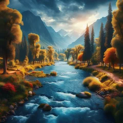 Raamstickers A beautiful scene of blue river in golden trees © Haris