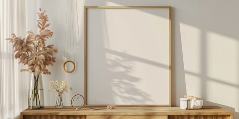 Obraz na płótnie Canvas Mock up frame in home interior background, white room with natural wooden furniture, 3d render, 3d illustration 