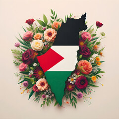 3d render of Palestine map with flowers and Palestine flag inside the map. The flag is surrounded by flowers and plants, symbolizing growth and resilience. creating an atmosphere of hope and unity