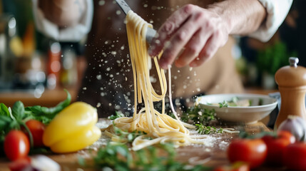 A photo of A chef preparing a vegan twist on a classic Italian pasta dish, using plant-based...