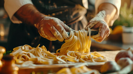 A photo of A chef preparing a vegan twist on a classic Italian pasta dish, using plant-based...