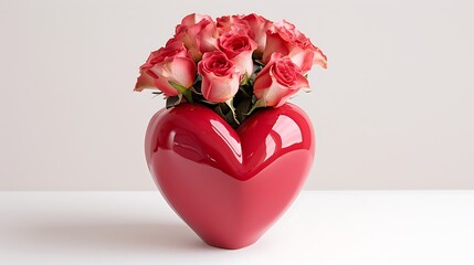 A compact, heart-shaped vase with a glossy red finish, holding a small bouquet of pink roses, perfect for a romantic gift