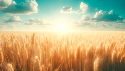 Golden wheat field basking in sunlight, embodying Thanksgiving's spirit of abundance and the staple wheat products that grace festive tables. - obrazy, fototapety, plakaty