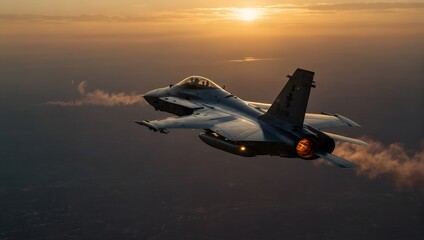 A sleek fighter jet streaks through a clear blue sky