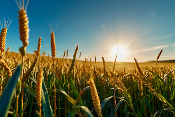Naklejka premium Wheat field at sunrise, symbolizing Shavuot, for agriculture, food industry, and religious holiday content.