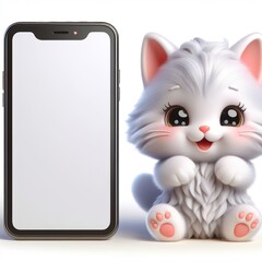  a cute kitten holding a big white blank screen smartphone mockup, funny, happy, smile, simple, white background