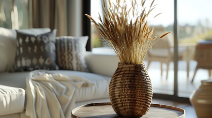 A cylindrical, woven bamboo vase on a coastal-themed living room coffee table, filled with dried...