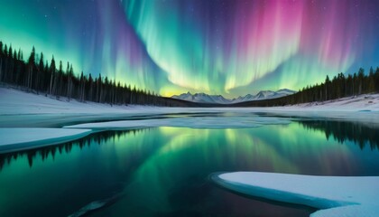 A breathtaking display of northern lights stretches across the twilight sky above a serene, snowy landscape with evergreen trees and a partially frozen lake reflecting the vibrant colors. - obrazy, fototapety, plakaty