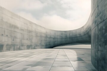 Minimalist Concrete Architectural Backdrop with Curved Walls and Open Courtyard for Showroom Display or Museum Exhibition