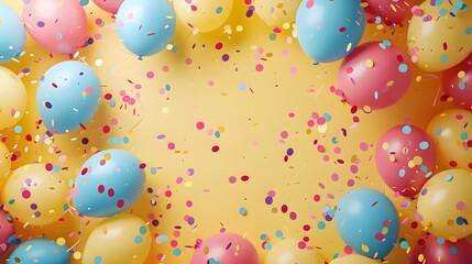 Fototapeta na wymiar Sunny Birthday Bash! Balloons and Confetti Frame a Joyful Celebration with Pastel Yellow Background.