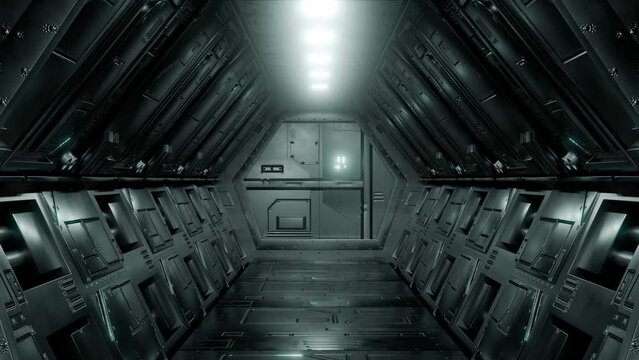 A futuristic spacecraft door with neon lights, animation loop