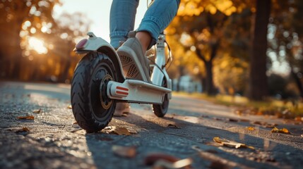 A close-up photo of a man driving an electronic scooter in a park.