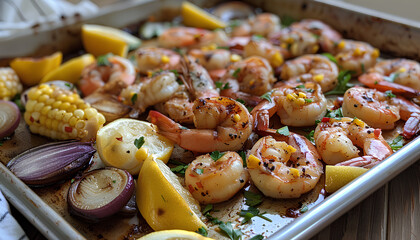 Sheet Pan Shrimp Boil, natural lighting, flavorful plating