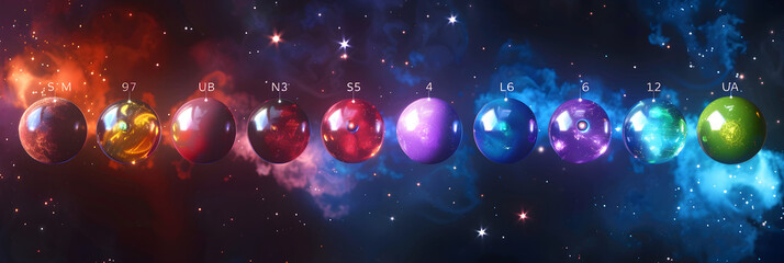 Captivating Rendition of Noble Gases From The Periodic Table Positioned in Outer Space - obrazy, fototapety, plakaty