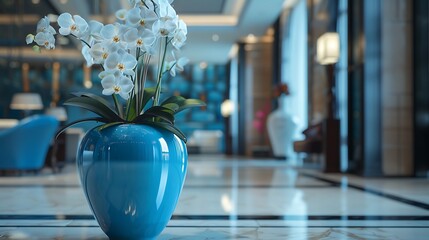 A glossy, cobalt blue vase with an elegant neck, filled with white orchids in a luxury hotel lobby