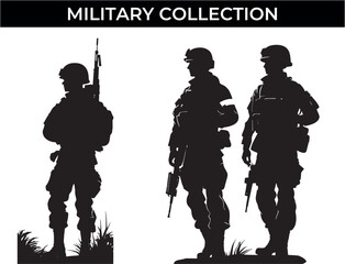 Silhouette of Soldiers With Guns. A Collection of Military Silhouettes