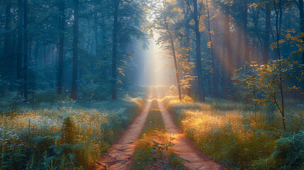 Nature scene: forest path in the soft morning light