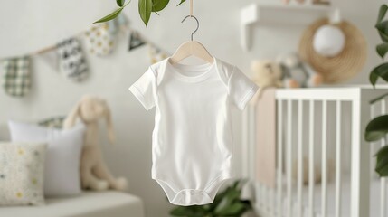 Baby bodysuit mockup, white short-sleeved body suit, baby room background