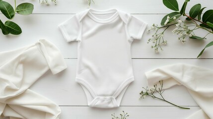 Baby bodysuit mockup, white short-sleeved bodysuit model, white floor background